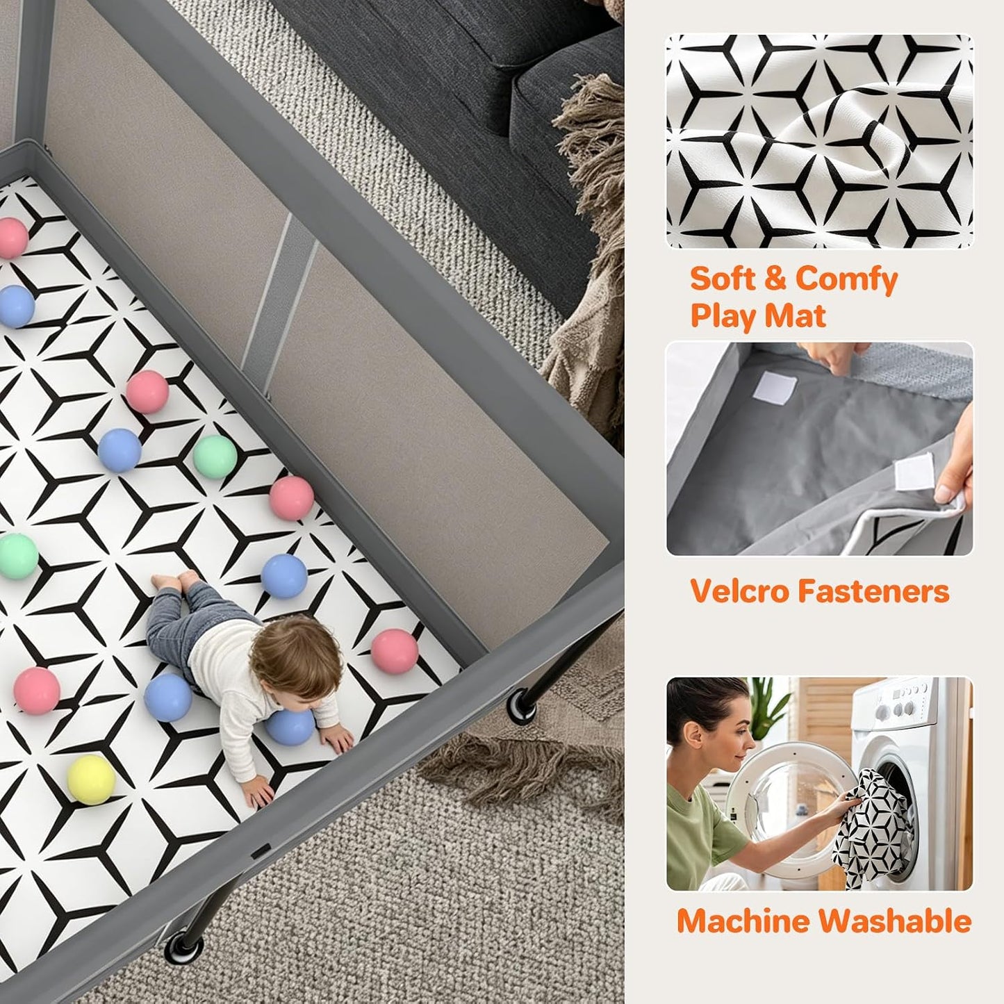 Foldable Baby Playpen with Mat(Grey, 50x50 inches)