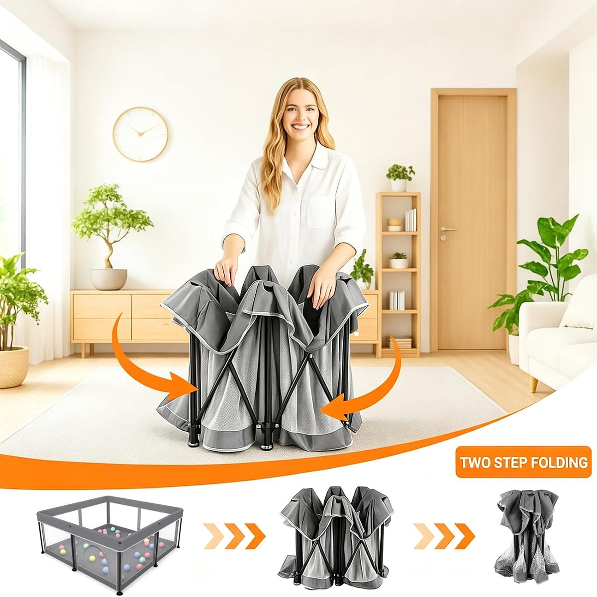 Foldable Baby Playpen with Mat(Grey, 50x50 inches)