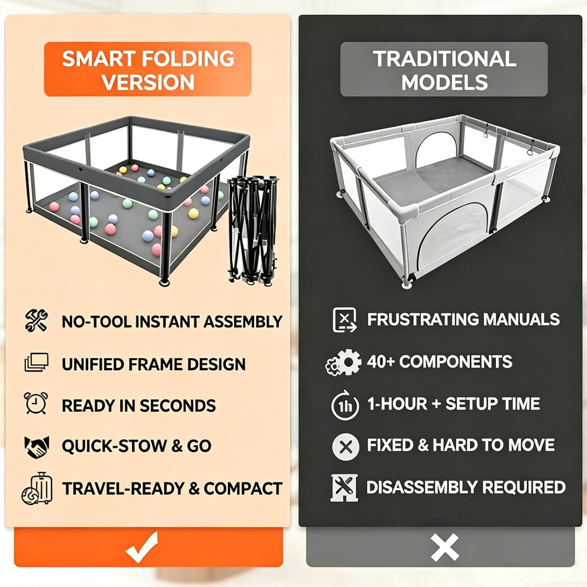 Foldable Baby Playpen with Mat(Grey, 50x50 inches)