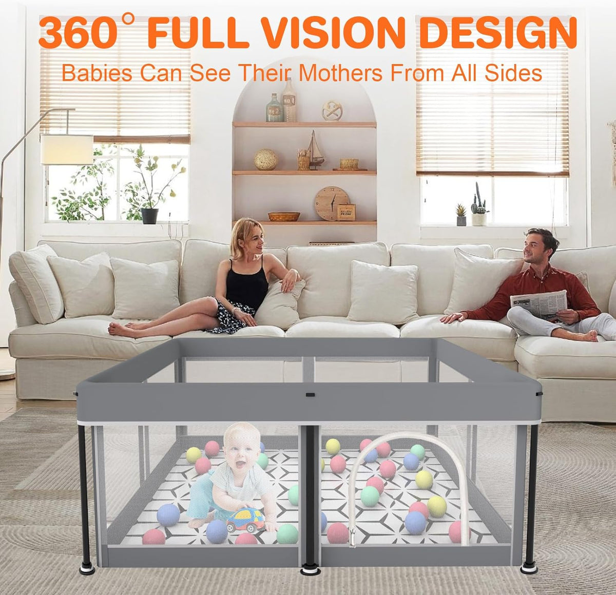 Foldable Baby Playpen with Mat(Grey, 50x50 inches)
