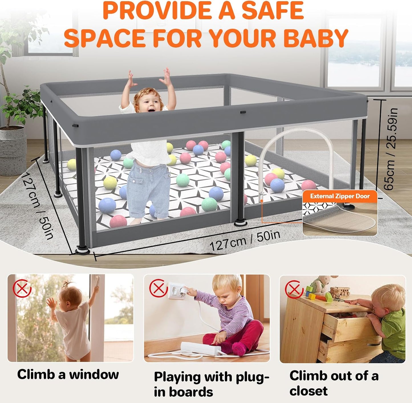 Foldable Baby Playpen with Mat(Grey, 50x50 inches)