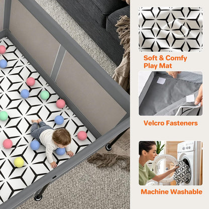Foldable Baby Playpen with Mat(Grey, 50x50 inches)