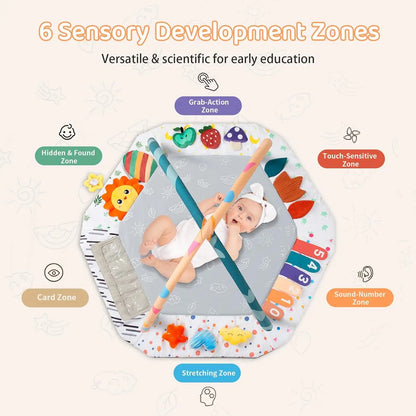 Baby Play Gym Mat with 6 Development Zones Tummy Time Activity Pad with 4 Detachable Sensory Toys for Infant Motor Skill Develop