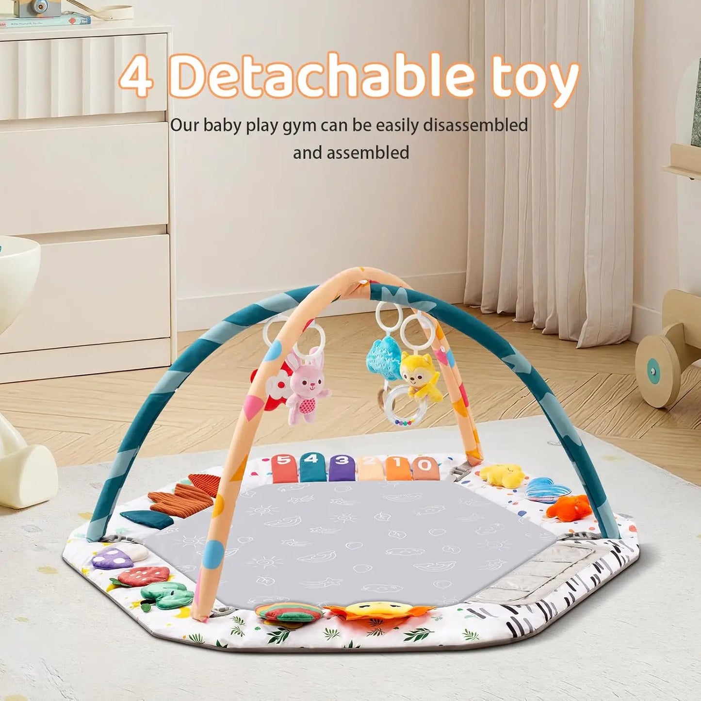 Baby Play Gym Mat with 6 Development Zones Tummy Time Activity Pad with 4 Detachable Sensory Toys for Infant Motor Skill Develop
