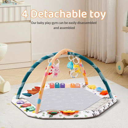 Baby Play Gym Mat with 6 Development Zones Tummy Time Activity Pad with 4 Detachable Sensory Toys for Infant Motor Skill Develop