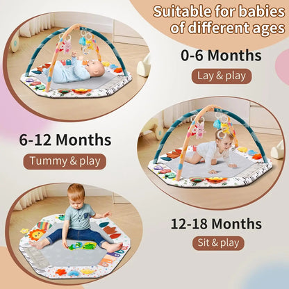 Baby Play Gym Mat with 6 Development Zones Tummy Time Activity Pad with 4 Detachable Sensory Toys for Infant Motor Skill Develop