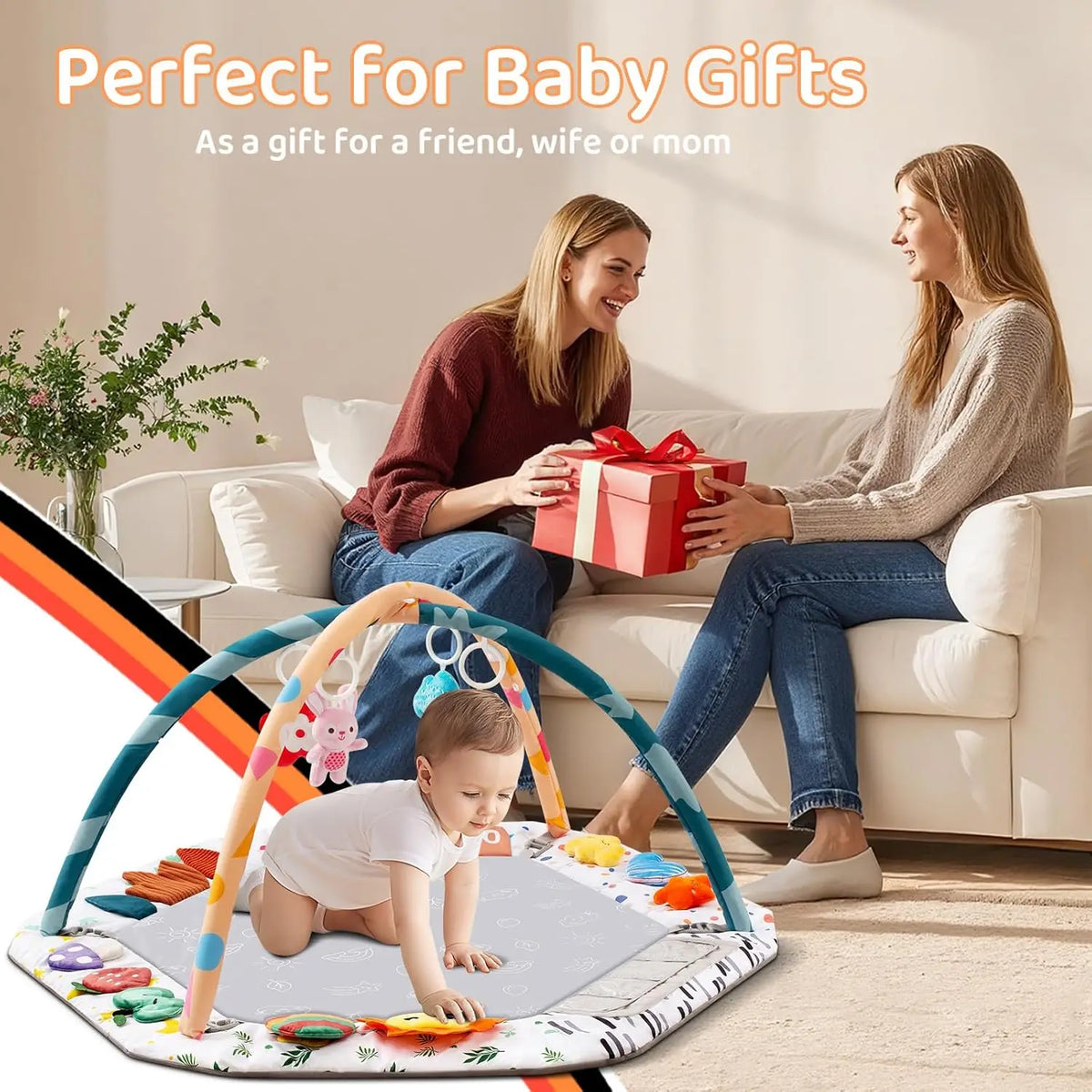 Baby Play Gym Mat with 6 Development Zones Tummy Time Activity Pad with 4 Detachable Sensory Toys for Infant Motor Skill Develop