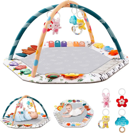 Baby Play Gym Mat with 6 Development Zones Tummy Time Activity Pad with 4 Detachable Sensory Toys for Infant Motor Skill Develop