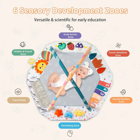 Baby Play Gym Mat with 6 Development Zones Tummy Time Activity Pad with 4 Detachable Sensory Toys for Infant Motor Skill Develop - Frameza Art