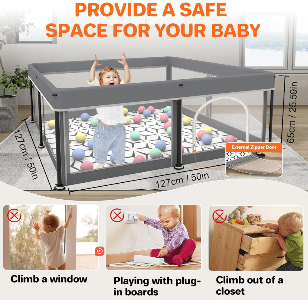 colpart Foldable Baby Playpen with Mat (Grey, 50x50 inches) - Frameza Art